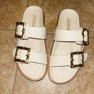Jason Wu White Double-Buckle Slide Sandals size 8 Gold Slides Shoes